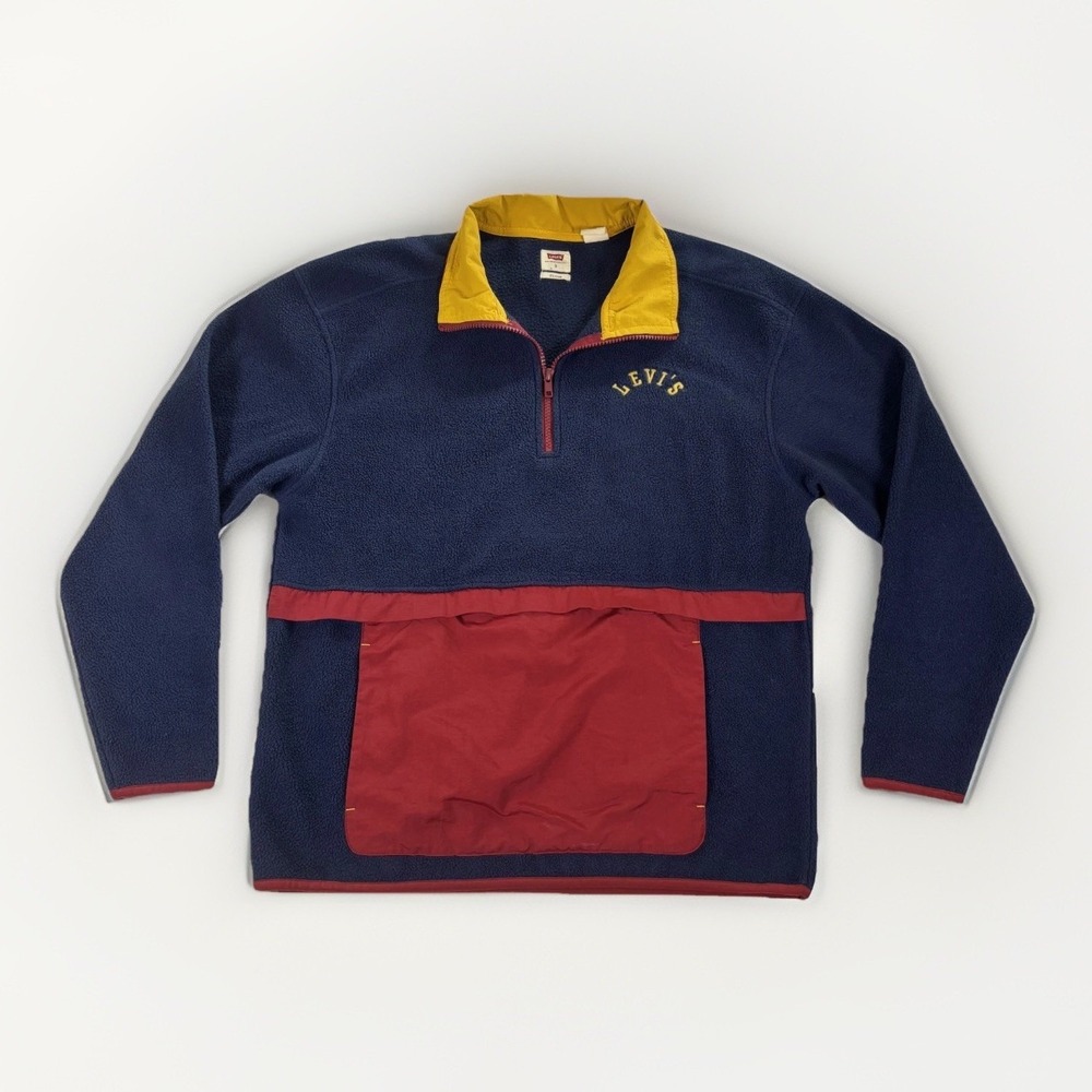 Levis‎ Fleece Pullover Mens Small Navy Red Yellow Colorblock Quarter Zip Retro